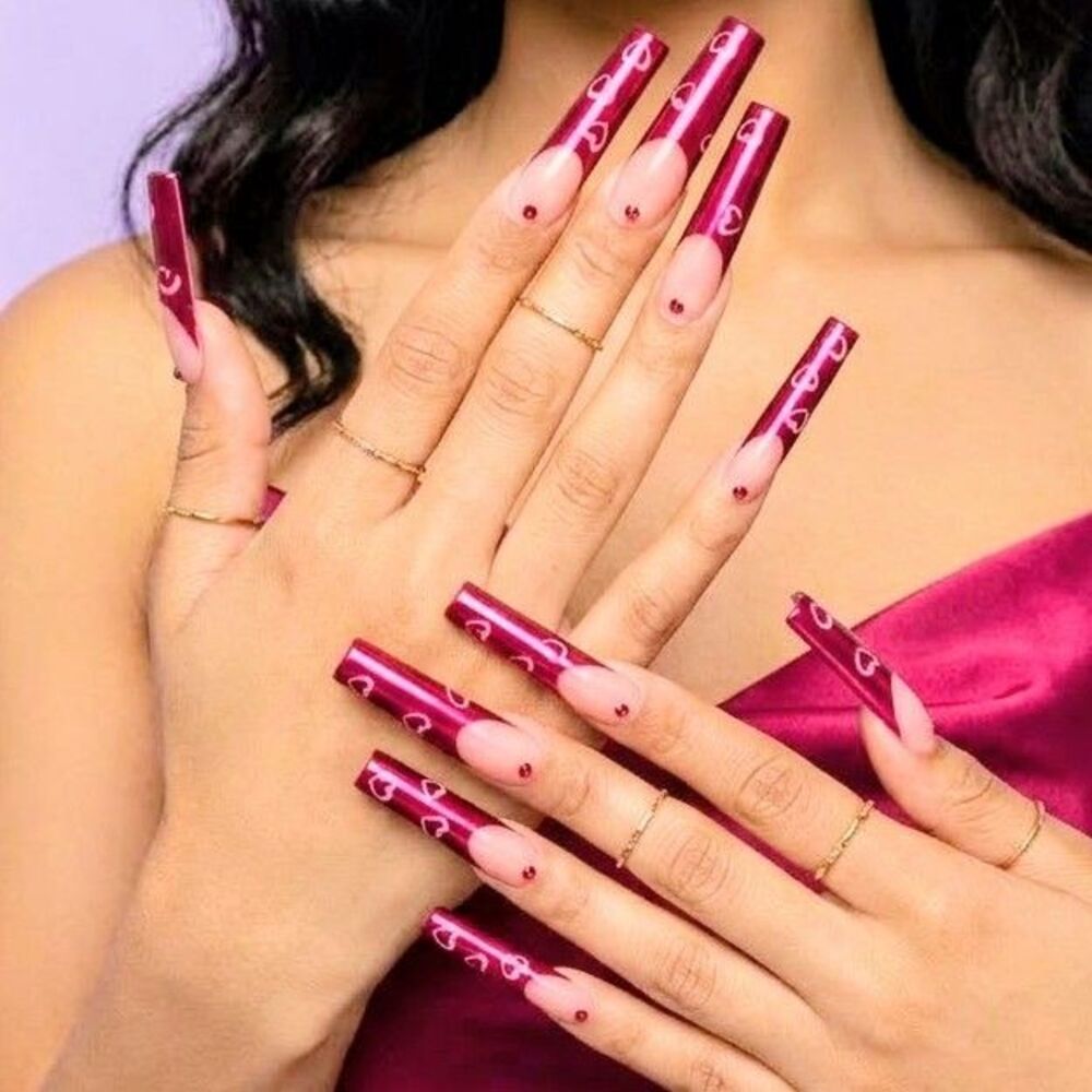 PRESS-ON NAILS Custom-Made Extra-Long Square Red Hearts Medium Size NEW NIB